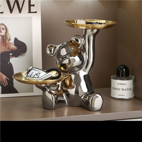 Bella Casa Table Deco Silver Bear With Double Plates Ceramic Silver - BT-ZMH52