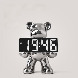 Bella Casa Table Deco Silver Bear And Clock Ceramic Silver - BT-ZMH153