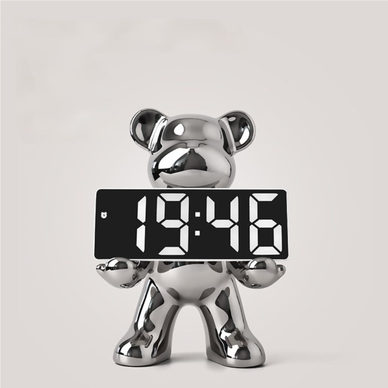 Bella Casa Table Deco Silver Bear And Clock Ceramic Silver - BT-ZMH153