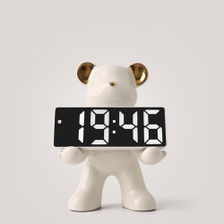 Bella Casa Table Deco White Bear And Clock Ceramic White - BT-ZMH154