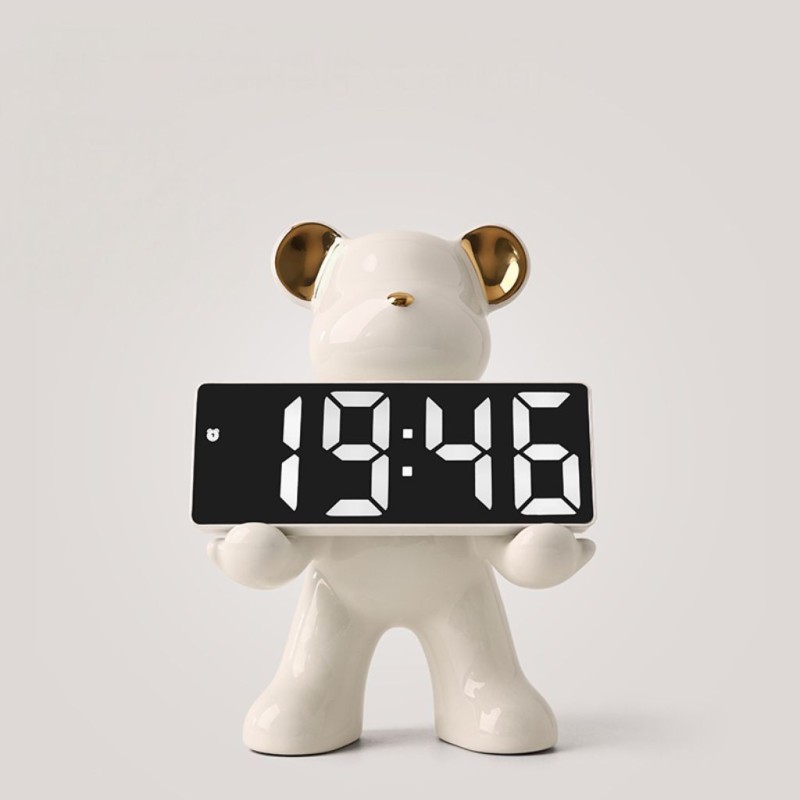 Bella Casa Table Deco White Bear And Clock Ceramic White - BT-ZMH154