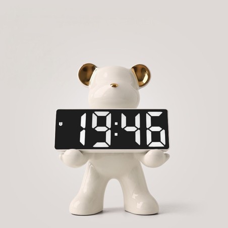 Bella Casa Table Deco White Bear And Clock Ceramic White - BT-ZMH154 Bella Casa Table Deco White Bear And Clock Ceramic White - BT-ZMH154