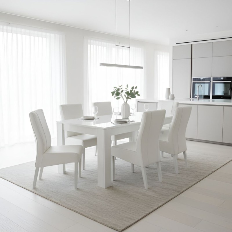 Bella Casa Basic Table and 6 Chairs Gloss White Ref 379006N+355591 White Eco Leather